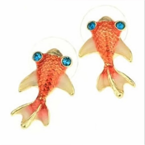 “Goldfish” Orange Scaly Blue-Eyed Rhinestone Fish Ocean Dainty Mini Cutesy Studs - Picture 2 of 10